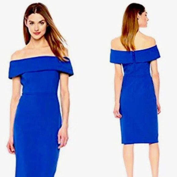 Calvin Klein Blue Bodycon off the shoulder scuba sheath Size 6 event wedding - Picture 1 of 6